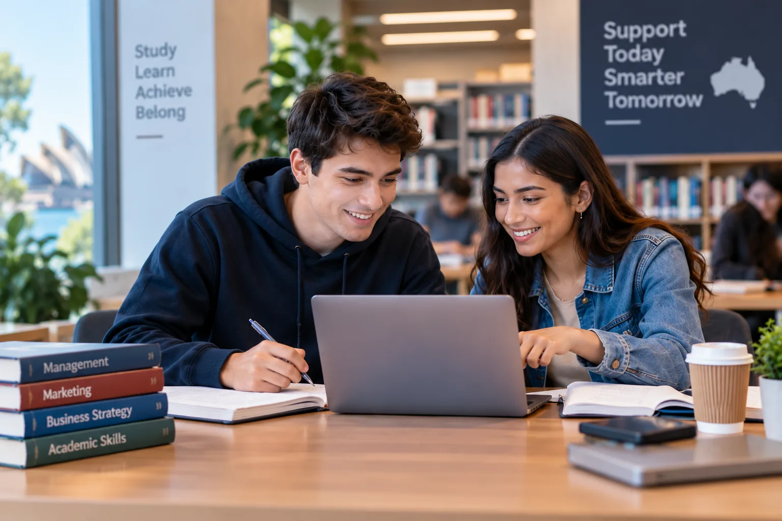Two university students discussing coursework together in an Australian campus library